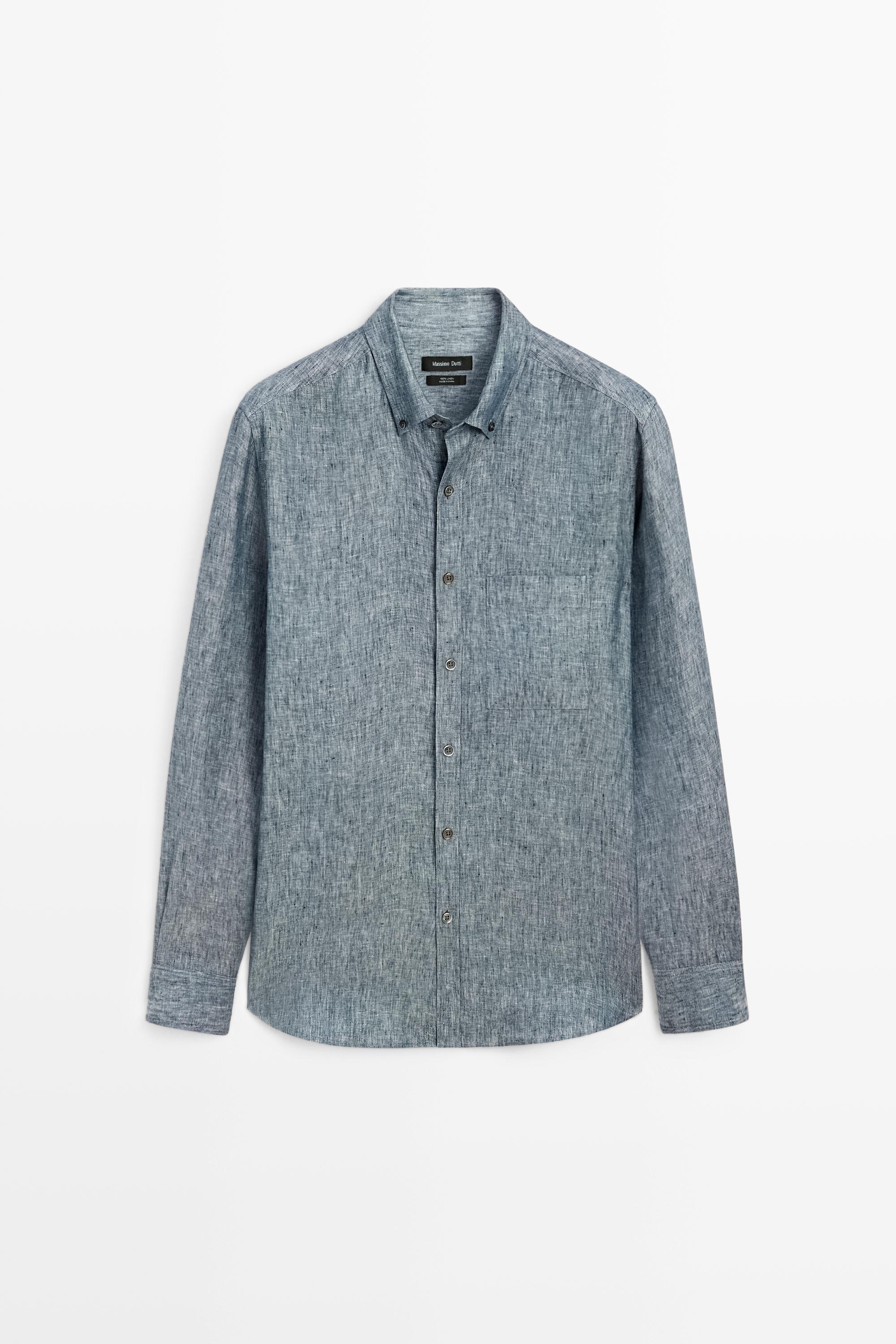 Regular fit melange twill 100% linen shirt